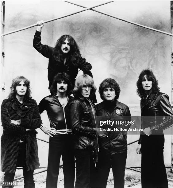 Promotional portrait of American rock group Jefferson Starship, 1970s. L-R: Pete Sears, Craig Chaquico , Mickey Thomas, Paul Kantner, David Freiberg...