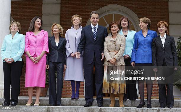Spanish Prime minister Jose Luis Rodriguez Zapatero poses for a group picture with the eight female ministers of his cabinet : Maria Jesus...