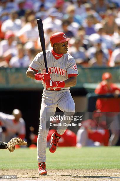 Eric Davis of the Cincinnati Reds steps into a pitch during a game against the Giants at Candlestick Park on August 6, 1996 in San Francisco,...