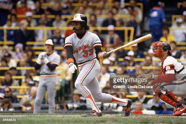 Eddie Murray of the Baltimore Orioles swings at a pitch during a 1983 season game against the Chicago White Sox at Comiskey Park in Chicago, Illinois.