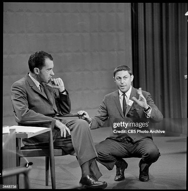 American television producer Don Hewitt of CBS News, instructs Vice President Richard Nixon on the set of the first televised debate with Senator...