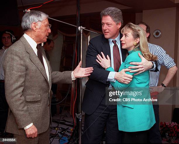 Arkansas governor and later American president Bill Clinton embraces his wife future United States senator Hillary Rodham Clinton shortly after a...