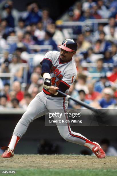 Reggie Jackson of the California Angels swings at a pitch during a May 1984 game against the Yankees at Yankee Stadium in the Bronx, New York.