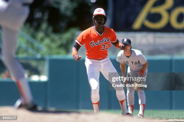 Eddie Murray of the Baltimore Orioles leads off base during a July 1980 game against the Red Sox at Memorial Stadium in Baltimore, Maryland.