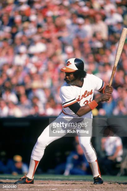 Eddie Murray of the Baltimore Orioles readies for the pitch during a 1982 season game at Memorial Stadium in Baltimore, Maryland.