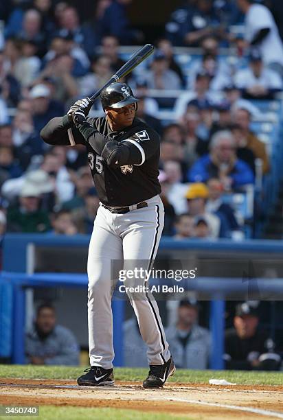 Frank Thomas of the Chicago White Sox bats against the New York Yankees during the Yankees opening home game on April 9, 2004 at Yankee Stadium in...