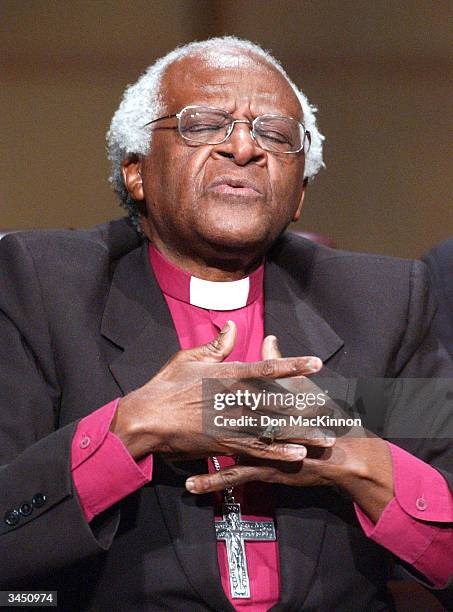 Archbishop Desmond Tutu addresses the audienceat the University of British Columbia April 20, 2004 in Vancouver, British Columbia. Nobel Peace Prize...
