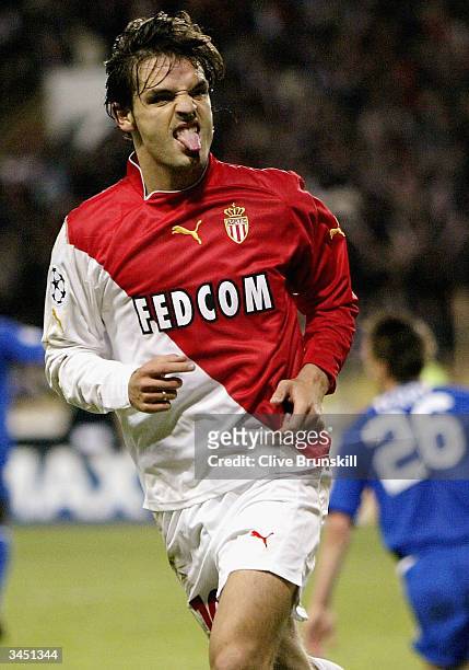 Fernando Morientes of Monacoscores celebrates scoring the 2nd goal during the UEFA Champions League Semi Final first leg match between AS Monaco and...