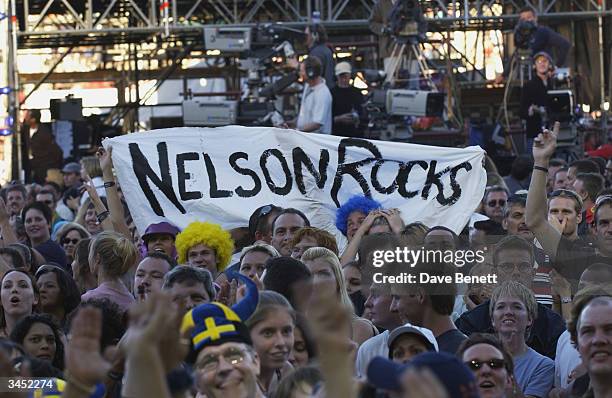 The crowd cheer at The Nelson Mandela Foundation's "46664 Give One minute to Aids" Concert at The Greenpoint Stadium on November 29, 2003 in Cape...