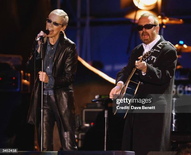 Annie Lennox and Dave Stewart of Eurythmics perform at The Nelson Mandela Foundation's "46664 Give One minute to Aids" Concert at The Greenpoint...