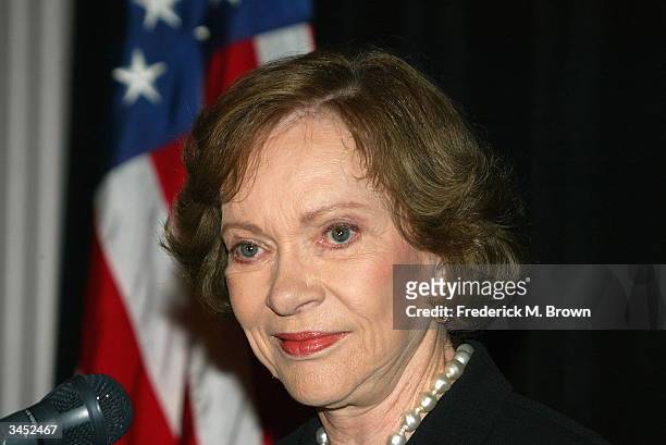 Former first lady Rosalynn Carter speaks at the Death Penalty Focus Awards, at the Beverly Hilton Hotel, on April 20, 2004 in Beverly Hills,...