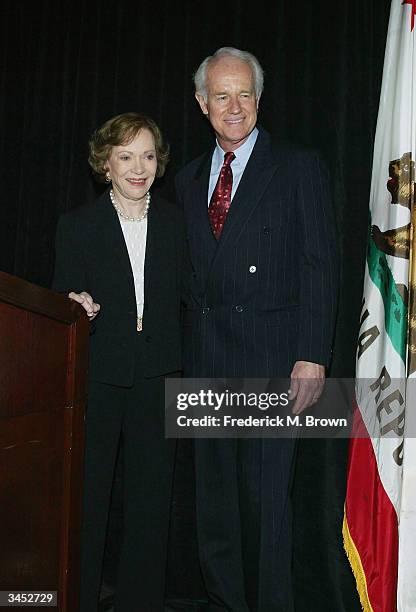 Former first lady Rosalynn Carter and actor Mike Farrell are seen during the Death Penalty Focus Awards at the Beverly Hilton Hotel on April 20, 2004...