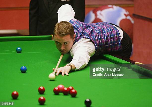 Stephen Hendry of Scotland during his first round victory over Stuart Pettman of England in the Embassy World Snooker Championships held at the...