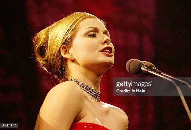 Katherine Jenkins performs at the Classical Brit Awards nominations announcement at the Landmark Hotel on April 21, 2004 in London. The Awards...