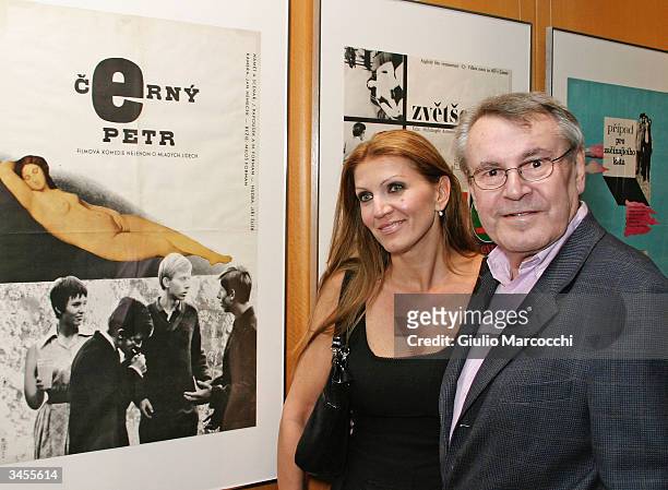 Director Milos Forman and wife Martina pose in front of the poster of his movie "Black Peter" during An Academy Salute to his career at the Academy...