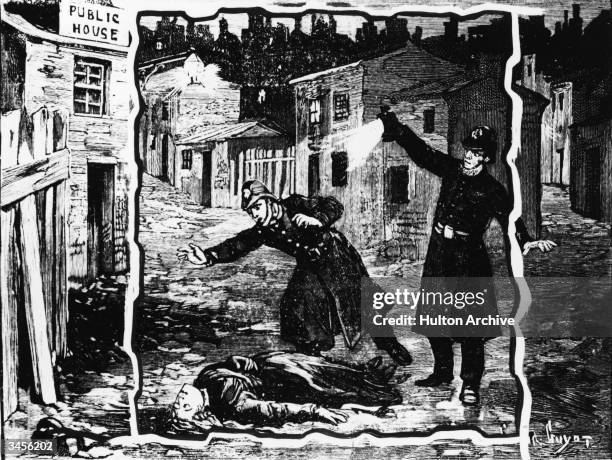 Illustration shows the police discovering the body of one of Jack the Ripper's victims, probably Catherine Eddowes, London, England, late September...