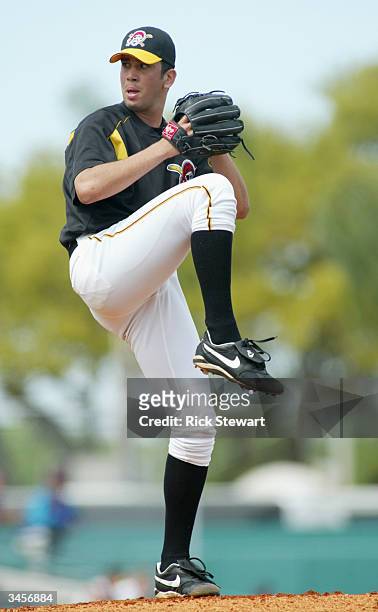 Pitcher Oliver Perez of the Pittsburgh Pirates pitches during the Spring Training game against the Tampa Bay Devil Rays on March 9, 2004 at MeKechnie...