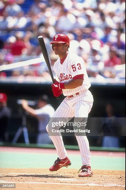 Outfielder Bobby Abreu of the Philadelphia Phillies in action during a game against the San Francisco Giants at the Veterans Stadium in Philadelphia,...