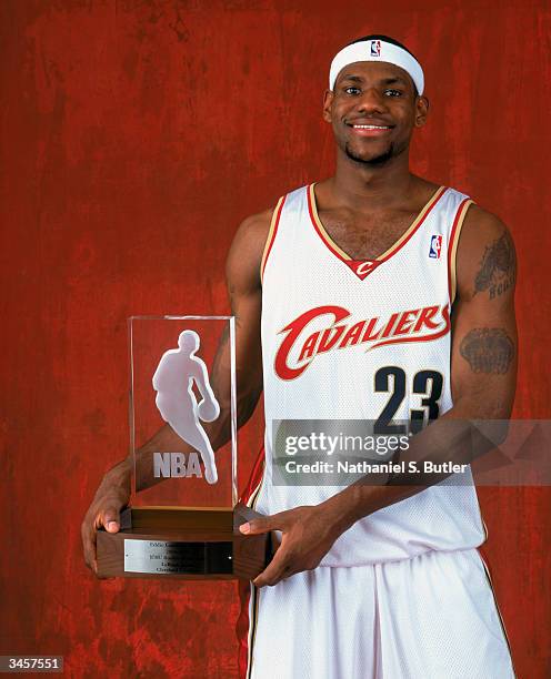 LeBron James of the Cleveland Cavaliers poses for a Rookie Of The Year Portrait on April 20, 2004 in New York City, New York. NOTE TO USER: User...