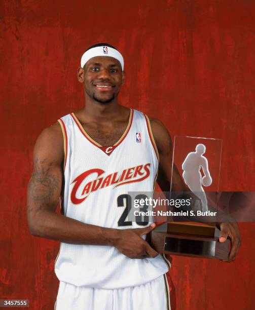 LeBron James of the Cleveland Cavaliers poses for a Rookie Of The Year Portrait on April 20, 2004 in New York City, New York. NOTE TO USER: User...