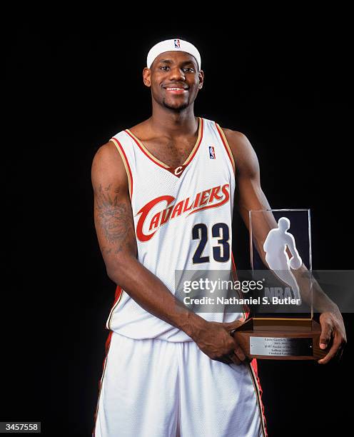 LeBron James of the Cleveland Cavaliers poses for a Rookie Of The Year Portrait on April 20, 2004 in New York City, New York. NOTE TO USER: User...