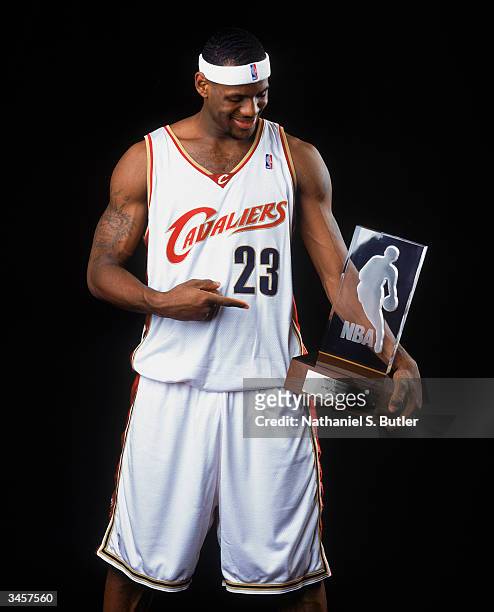 LeBron James of the Cleveland Cavaliers poses for a Rookie Of The Year Portrait on April 20, 2004 in New York City, New York. NOTE TO USER: User...