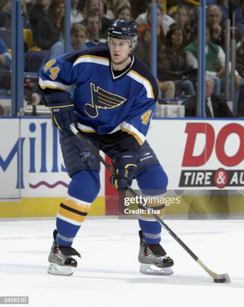Chris Pronger of the St. Louis Blues looks to play the puck against the San Jose Sharks in game three of the Western Conference Quarterfinals on...