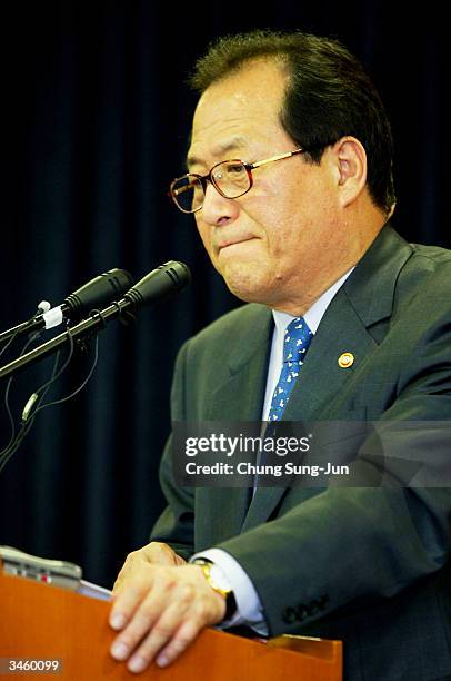 South Korean Unification Minister Chung Se-Hyun holds a press conference in reaction to North Korea's train explosion on April 23, 2004 in Seoul,...