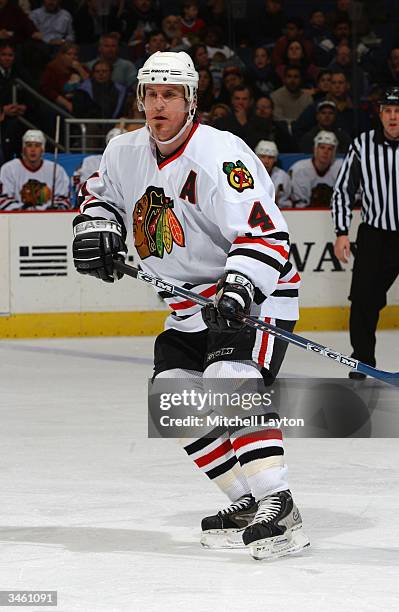 Defender Bryan Berard of the Chicago Blackhawks skates on the ice during the game against the Washington Capitals at the MCI Center on March 12, 2004...