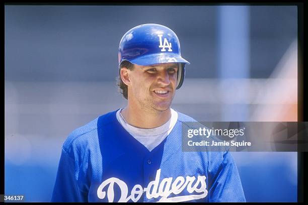 Outfielder Billy Ashley of the Los Angeles Dodgers looks on during a game against the Philadelphia Phillies at Dodger Stadium in Los Angeles,...