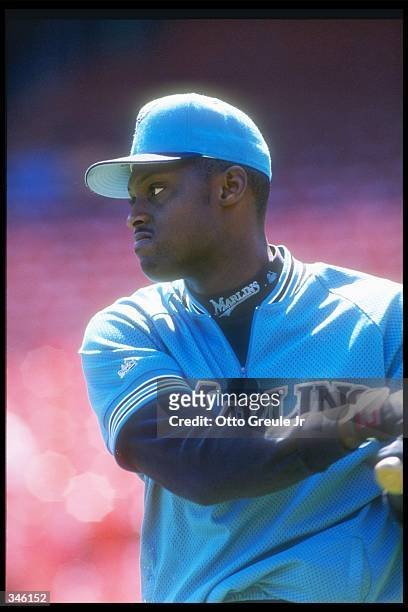 Catcher Charles Johnson of the Florida Marlins looks on during a game against the San Francisco Giants at 3Com Park in San Francisco, California. The...