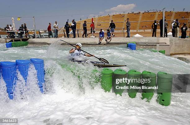 Germany's Jennifer Bongardt competes on the newly constructed Olympic canoe/kayak slalom course during the Athens slalom racing World Cup 2004, on...