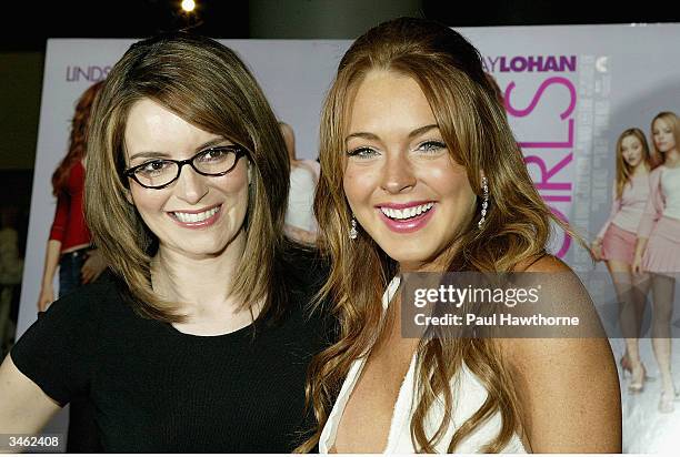 Comedian/writer Tina Fey and actress Lindsay Lohan attend a private screening of "Mean Girls" on April 23, 2004 at Loews Lincoln Square Theater, in...