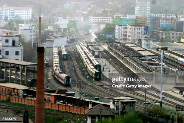 Chinese trains are seen at Dandong railway station which borders the North Korean town of Sinuiju on April 24, 2004 in Dandong, China. On April 22,...