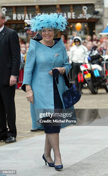 Dutch Queen Beatrix arrives for the wedding of her second son, Prince Johan Friso and Mabel Wisse Smit at the at the City Hall on April 24, 2004 in...