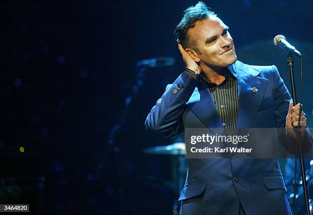 Singer Morrissey performs April 23, 2004 at the Wiltern LG in Los Angeles, California. The former Smiths frontman sold out five consecutive nights in...