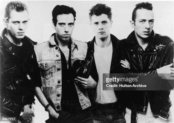 Promotional portrait of British punk rock group The Clash, 1983. Left to right, Paul Simonon, Mick Jones, Pete Howard, and Joe Strummer .