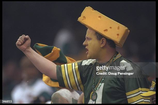 Cheesehead" Green Bay Packers fan cheers his team on during the Green Bay Packers versus the New England Patriots in Super Bowl XXXI at the Louisiana...