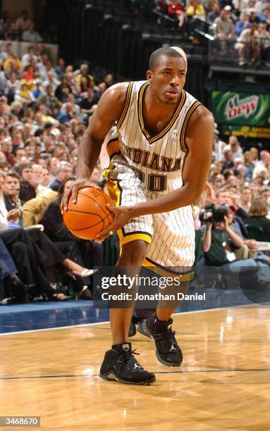 Fred Jones of the Indiana Pacers with the ball during the game against the Boston Celtics in Game 2 of the Eastern Conference Quarterfinals during...