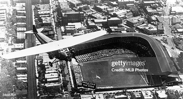 An aerial view of Wrigley Field in Chicago, Illinois. Wrigley Field opened April 23, 1914 as the home of the Chicago Cubs.