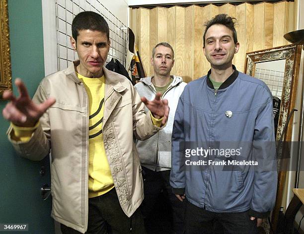 Rappers Michael Diamond "Mike D", Adam Yauch "MCA", and Adam Horovitz "Ad-Rock" of the Beastie Boys pose in the dressing room before taping MTV's...