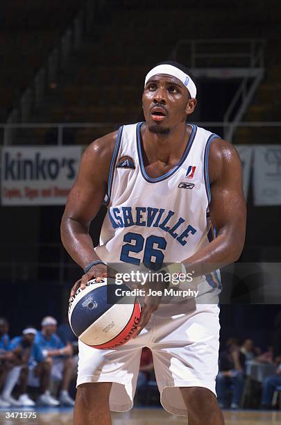 Desmond Penigar of the Asheville Altitude shoots a free throw against the Fayetteville Patriots during 2004 NBDL Delta Air Lines Postseason Classic...