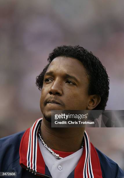 Pitcher Pedro Martinez of the Boston Red Sox in the dugout during the game against the Baltimore Orioles at Camden Yards on April 6, 2004 in...