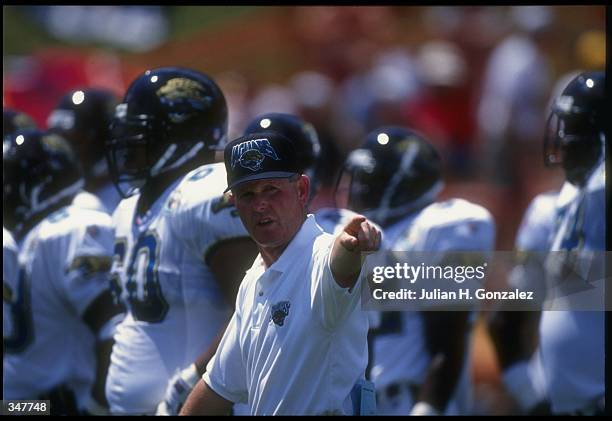 Jacksonville Jaguars head coach Tom Coughlin looks on during the Hall of Fame Game against the Carolina Panthers in Canton, Ohio. The Panthers won...