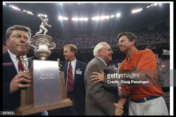 Florida Gators head coach Steve Spurrier celebrates after the Nokia Sugar Bowl against the Floirda State Seminoles at the Superdome in New Orleans,...
