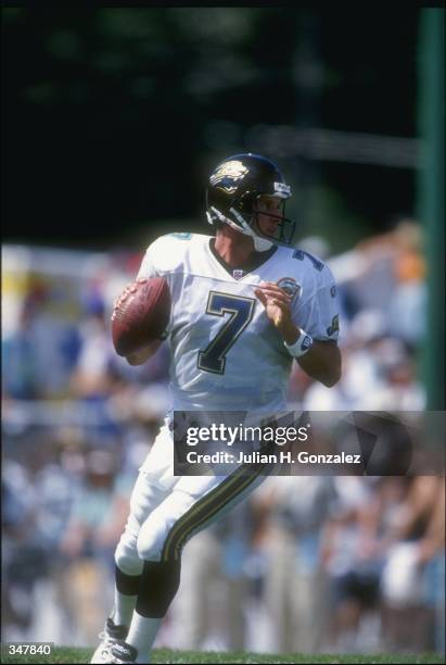 Quarterback Steve Beuerlein of the Jacksonville Jaguars looks to pass the ball during the Hall of Fame Game against the Carolina Panthers in Canton,...