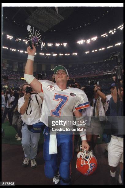 Quarterback Danny Wuerffel of the Florida Gators celebrates after the Nokia Sugar Bowl against the Floirda State Seminoles at the Superdome in New...