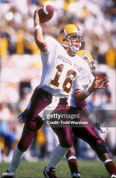 Quarterback Jake Plummer of Arizona State sets to throw a pass during the Sun Devils 42-34 win over UCLA at the Rose Bowl in Pasadena, California....