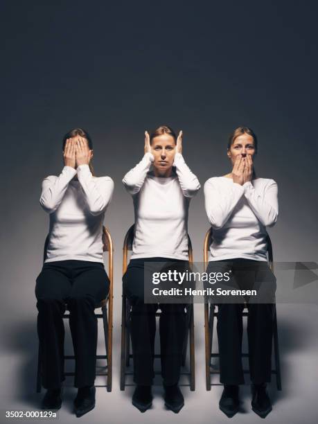 three women in chairs - 3 wise monkeys stock pictures, royalty-free photos & images