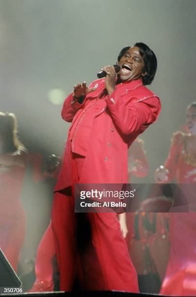 Singer James Brown performs during the half-time show for Super Bowl XXXI between the New England Patriots and the Green Bay Packers at the Superdome...